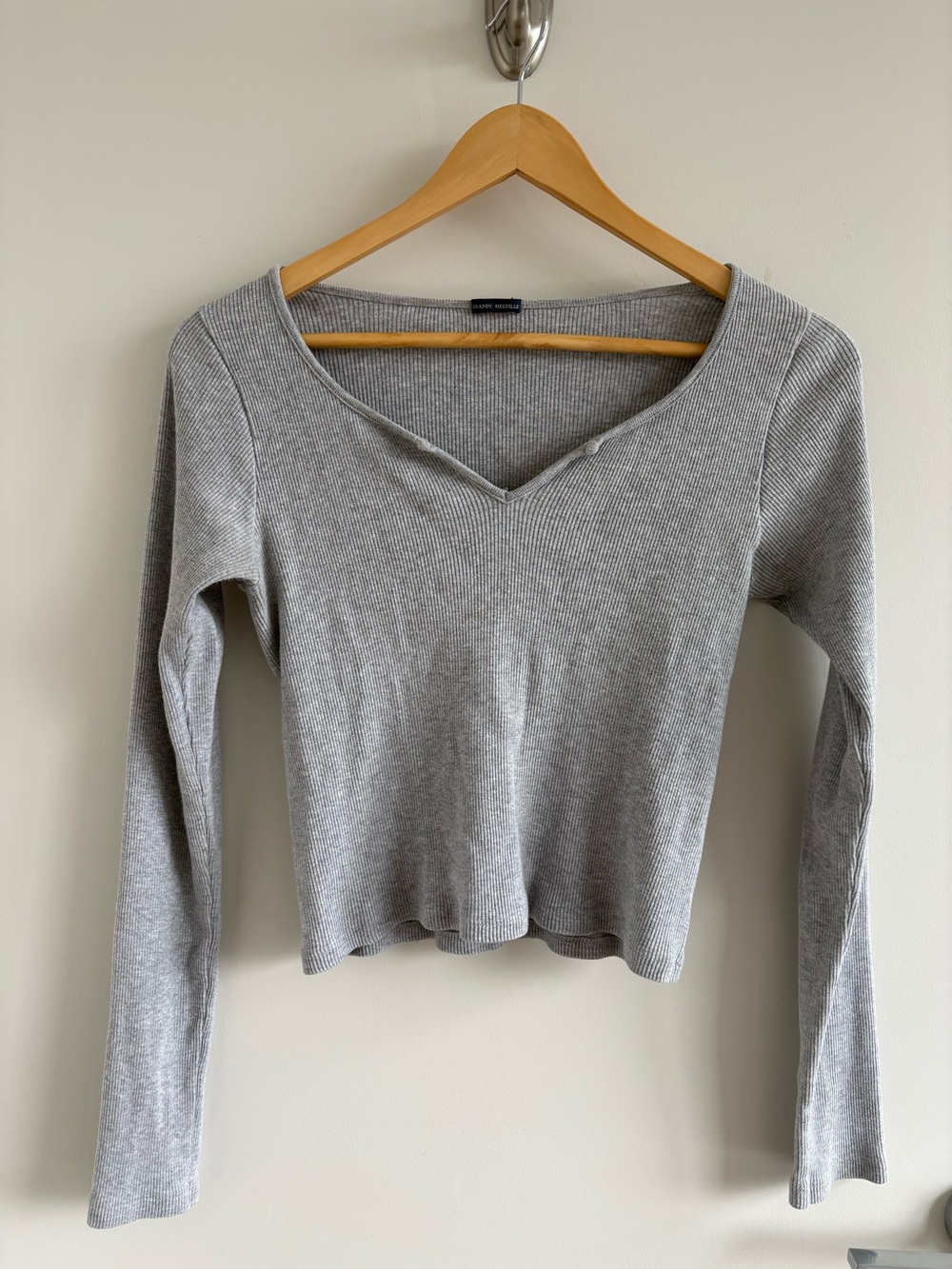 Brandy Melville Grey Ribbed V-Neck Long Sleeve Top